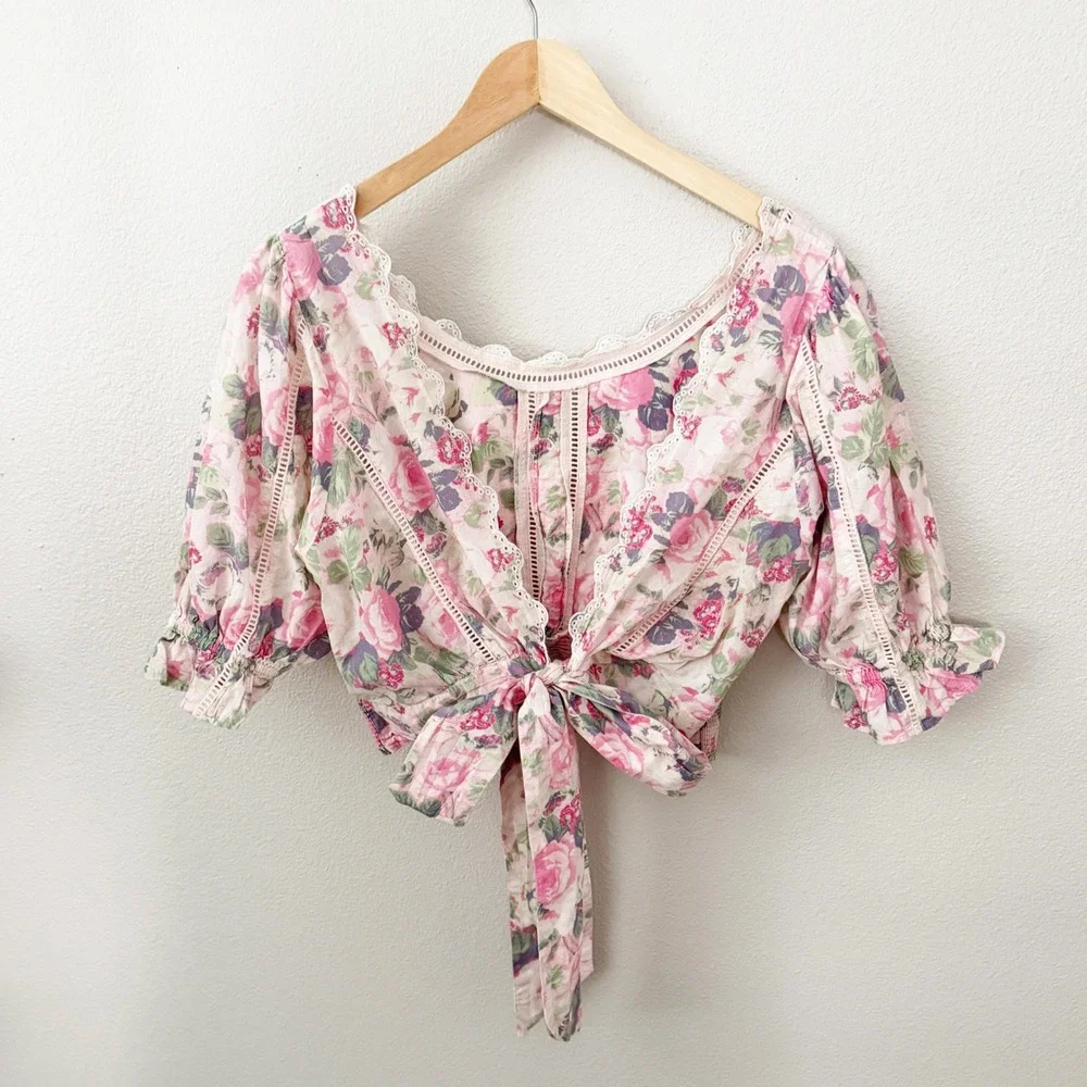 LOVESHACKFANCY | Karsten Top Pink Floral Puff Sleeve Smocked Crop Blouse | Large